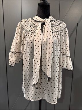 Max Studio Cream Blouse with Black Dot Print and Tie Neck